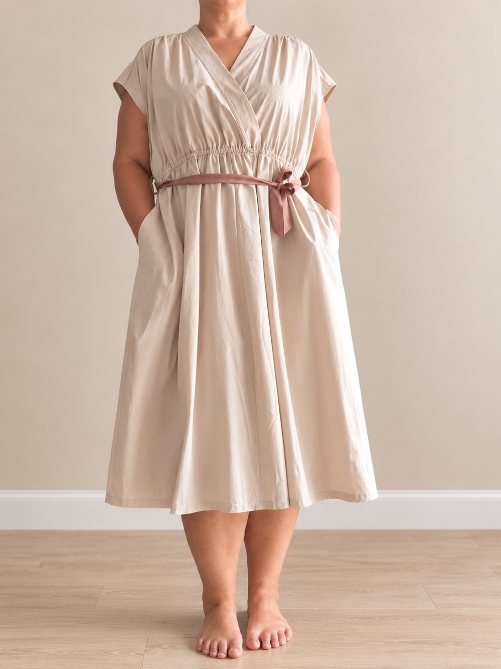 Calvin Klein Beige Wrap Midi Dress with Rose-Tone Waist Tie